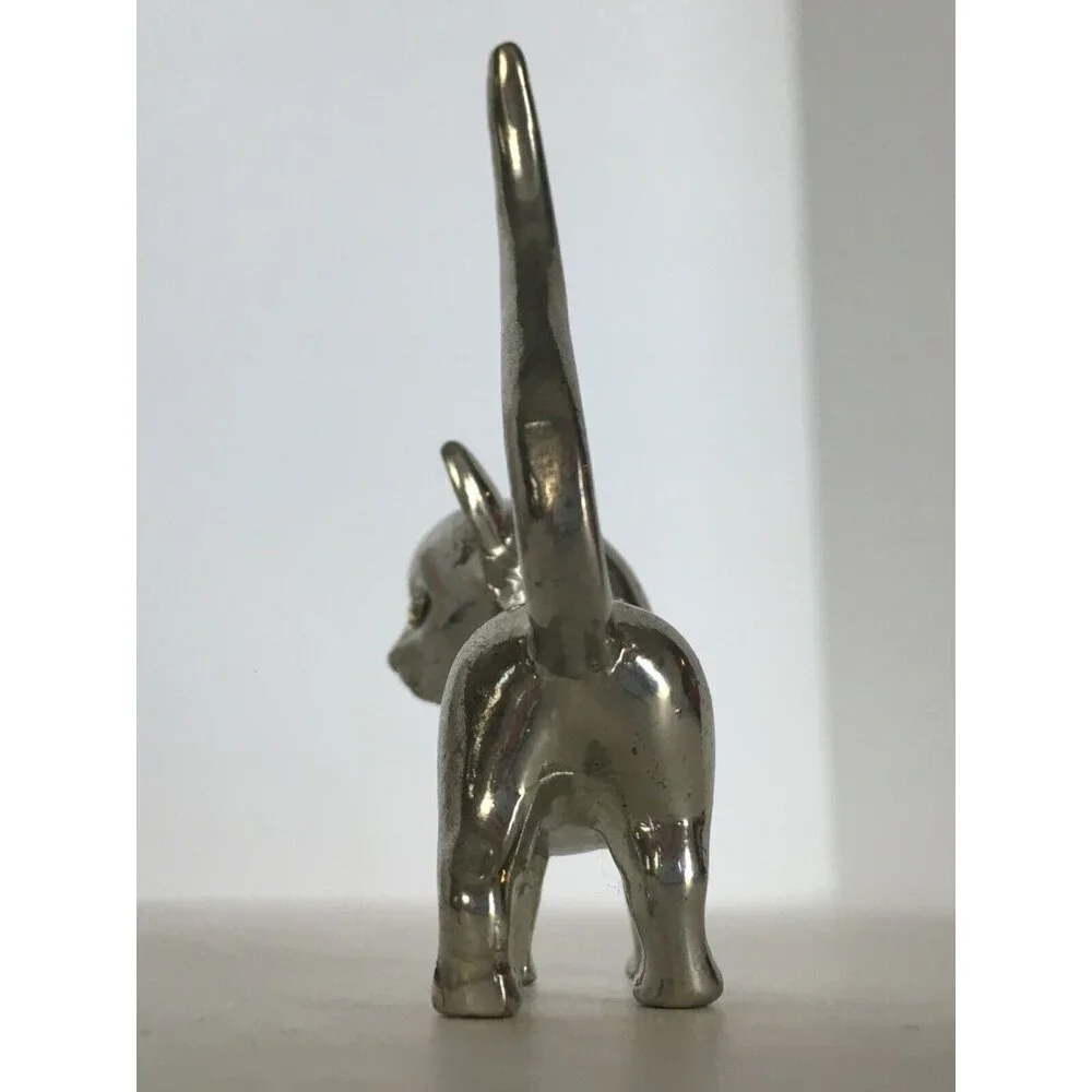 Vintage Cat Ring Holder Jewelry Display Silver Color Rhinestone Eyes Figurine - Picture 7 of 8